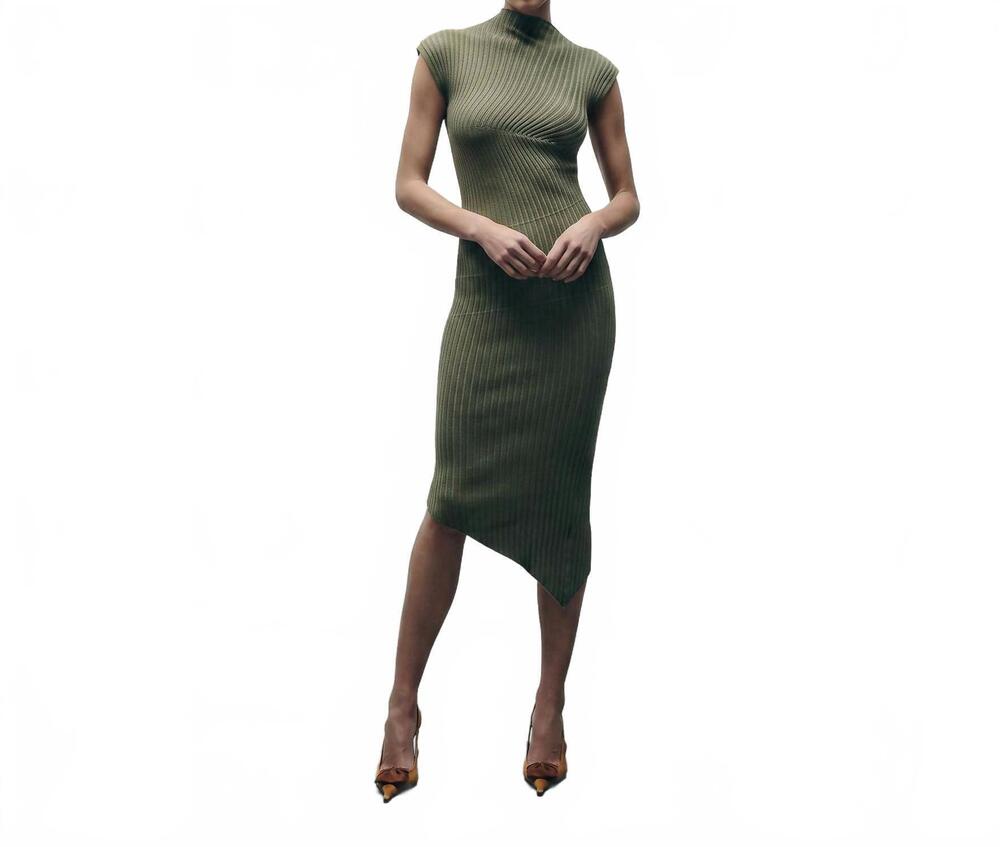 NEW AVEC LES FILLES asymmetric sweater midi dress in olive multi